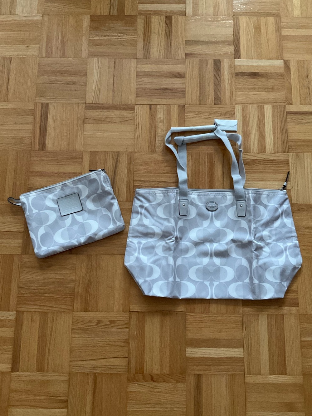 Coach Silver Gray Signature Tote with Matching Pouch - New